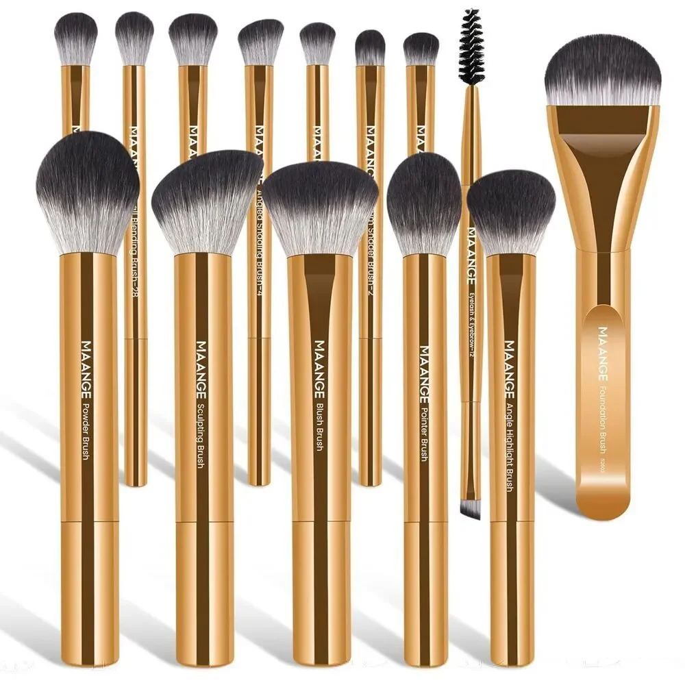 Maange 14pcs Gold Premium Synthetic Makeup Brushes Set With Aluminum Ferrule